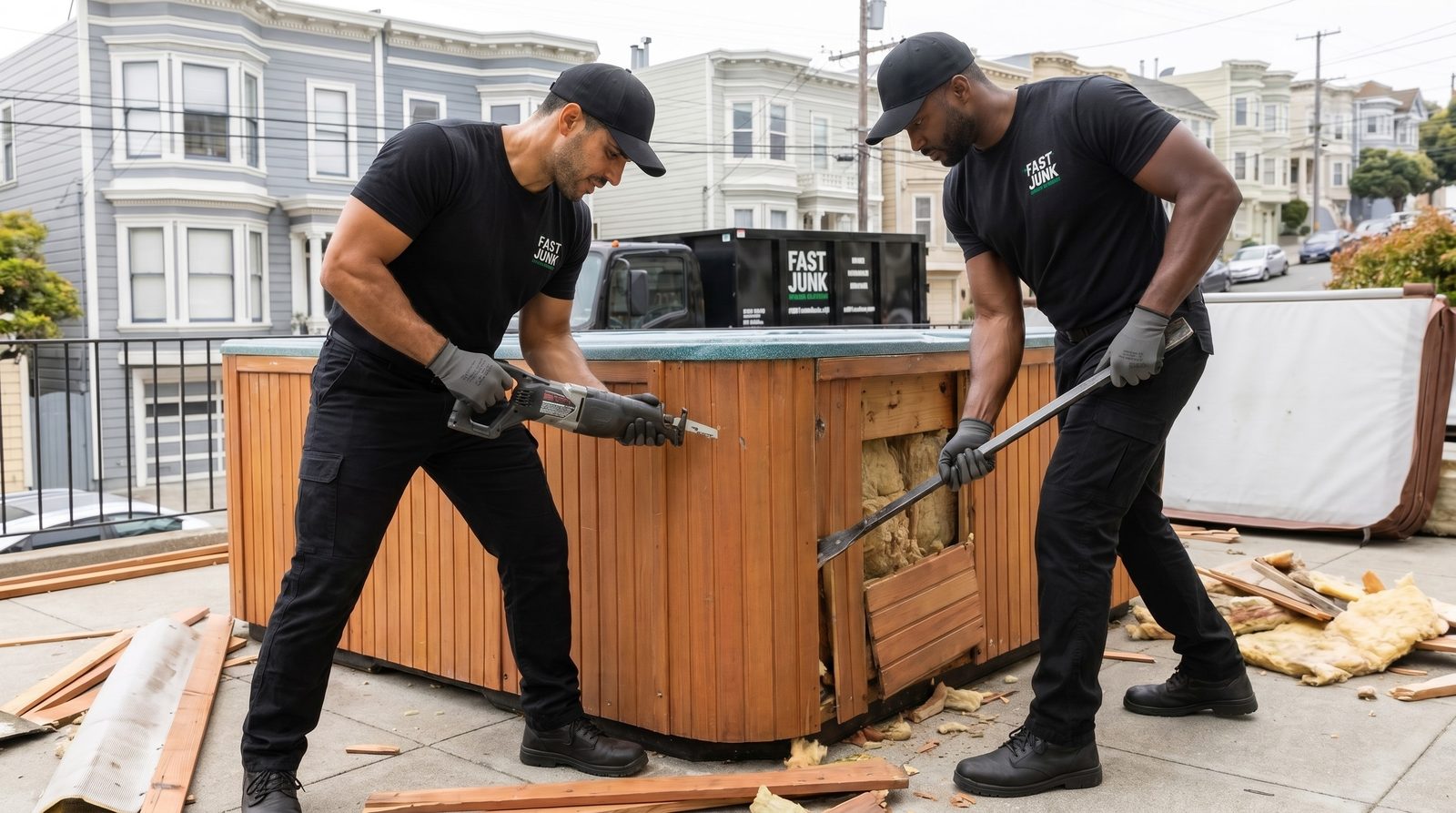 Fast Junk crew dismantling a hot tub during removal