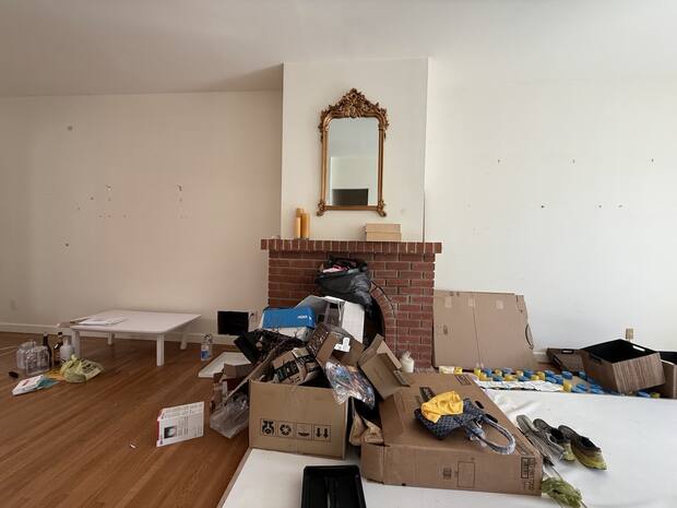 Living room cleanout job — furniture and clutter around fireplace