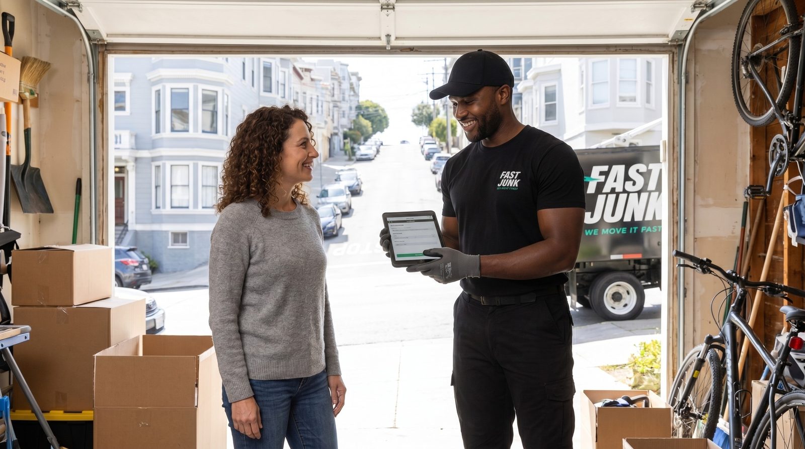 Fast Junk crew reviewing a garage cleanout estimate with a Burlingame customer