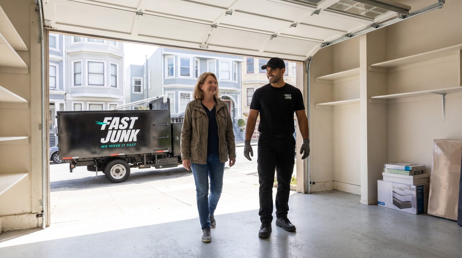 Fast Junk crew walking a Foster City customer through a finished cleanout