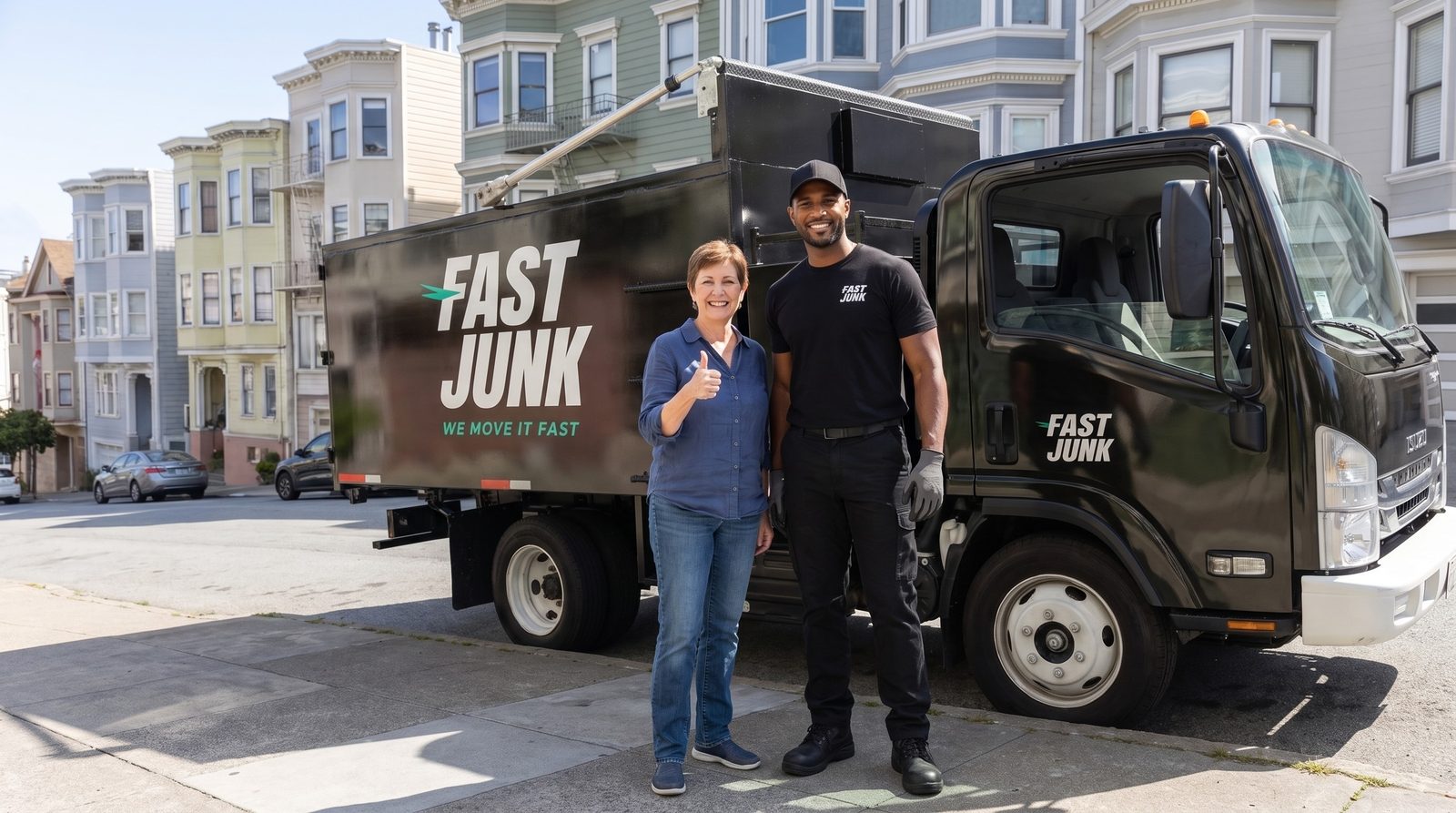 Happy Foster City customer giving a thumbs up with the Fast Junk crew