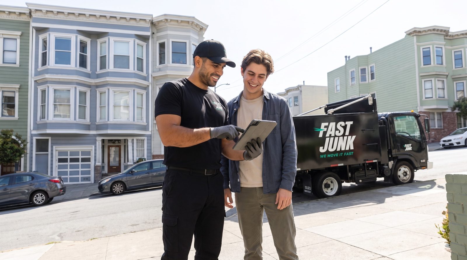 Fast Junk crew reviewing an estimate on a tablet with a Pacifica customer