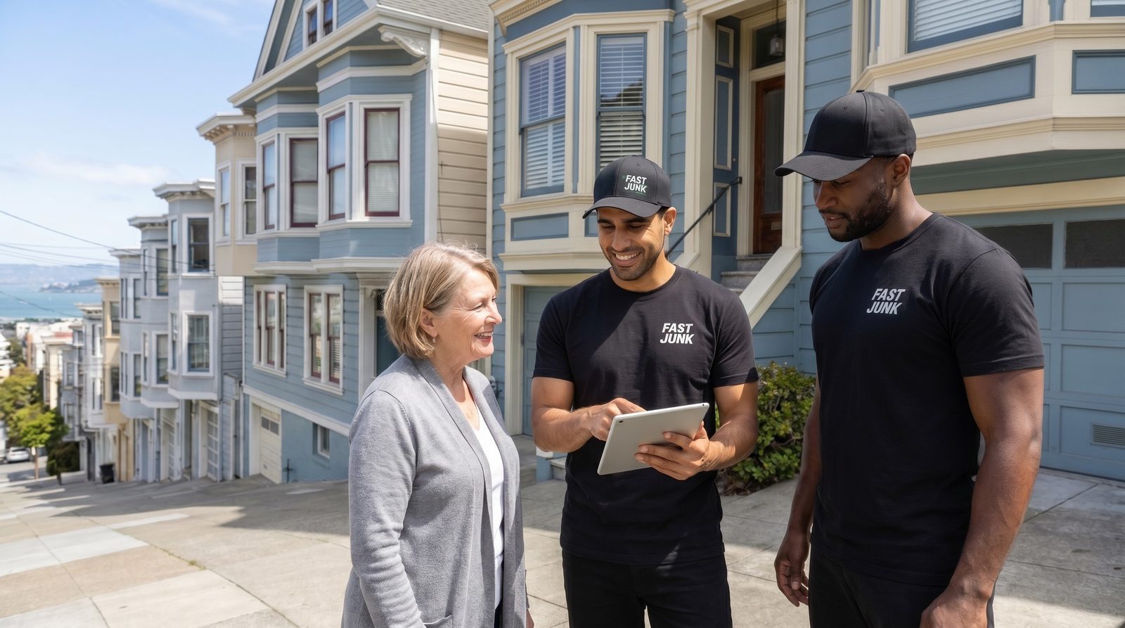 Fast Junk crew giving a free quote to a Redwood City family