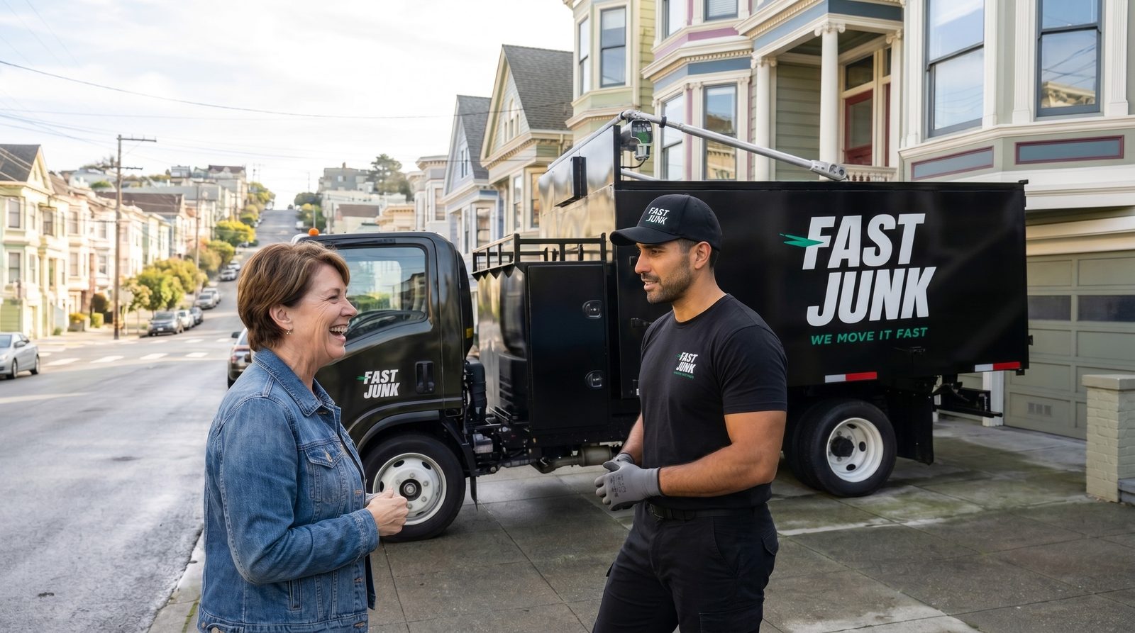 Fast Junk crew meeting a San Bruno customer in their driveway