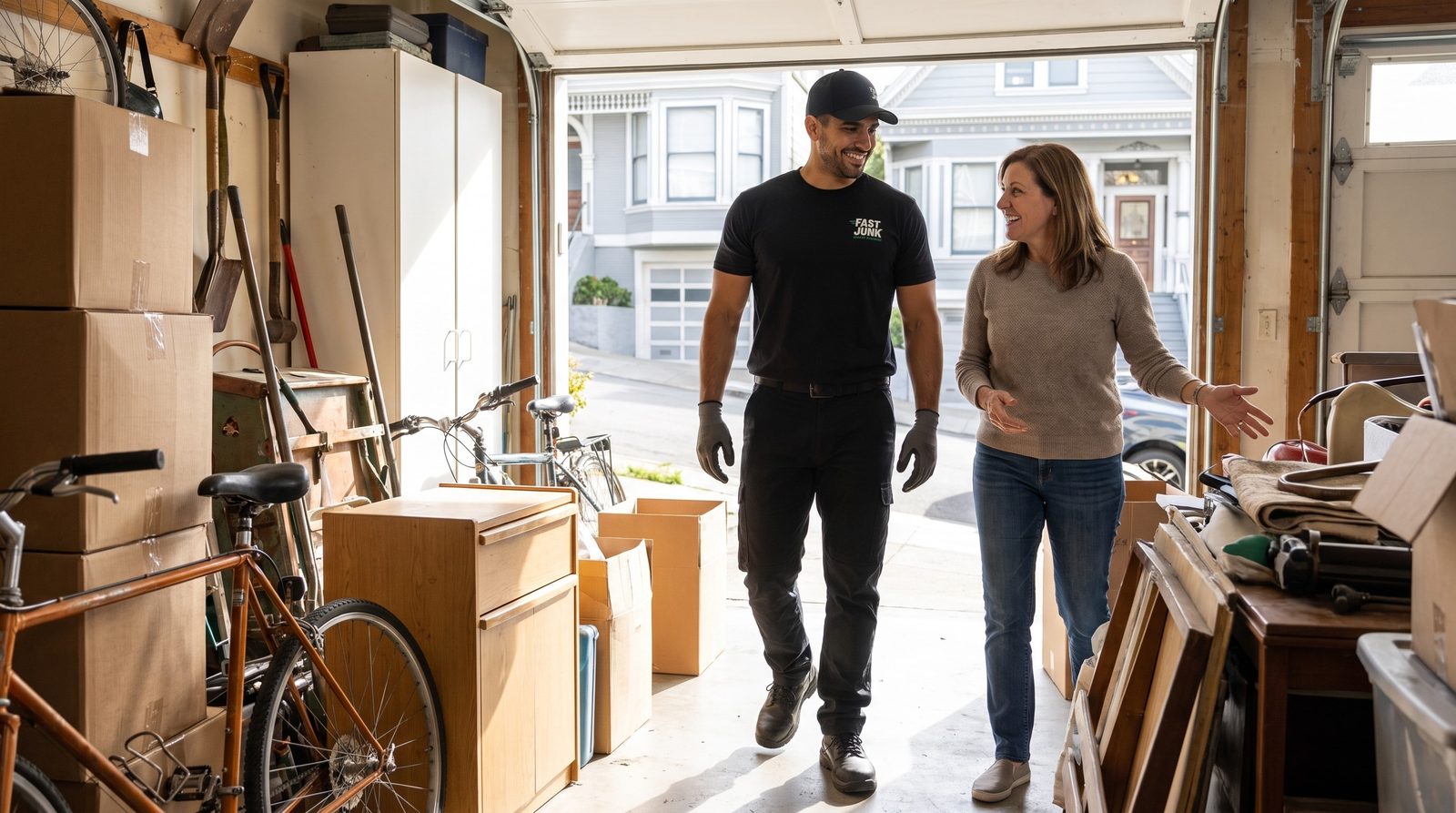 Fast Junk crew walking through a San Francisco garage with a customer