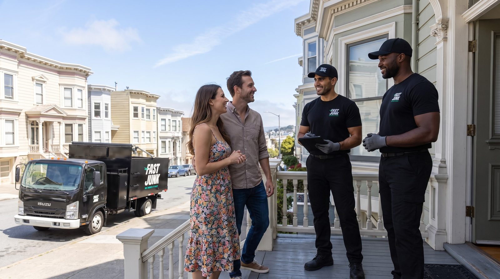 Fast Junk crew reviewing an estimate with a South San Francisco couple