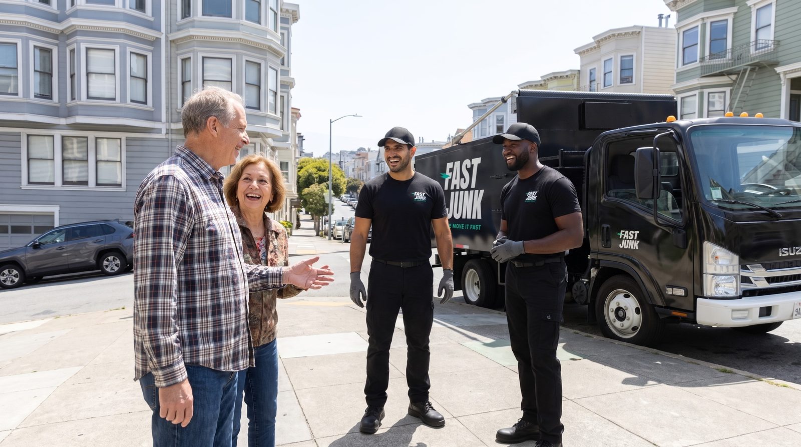 Fast Junk crew laughing with a South San Francisco customer