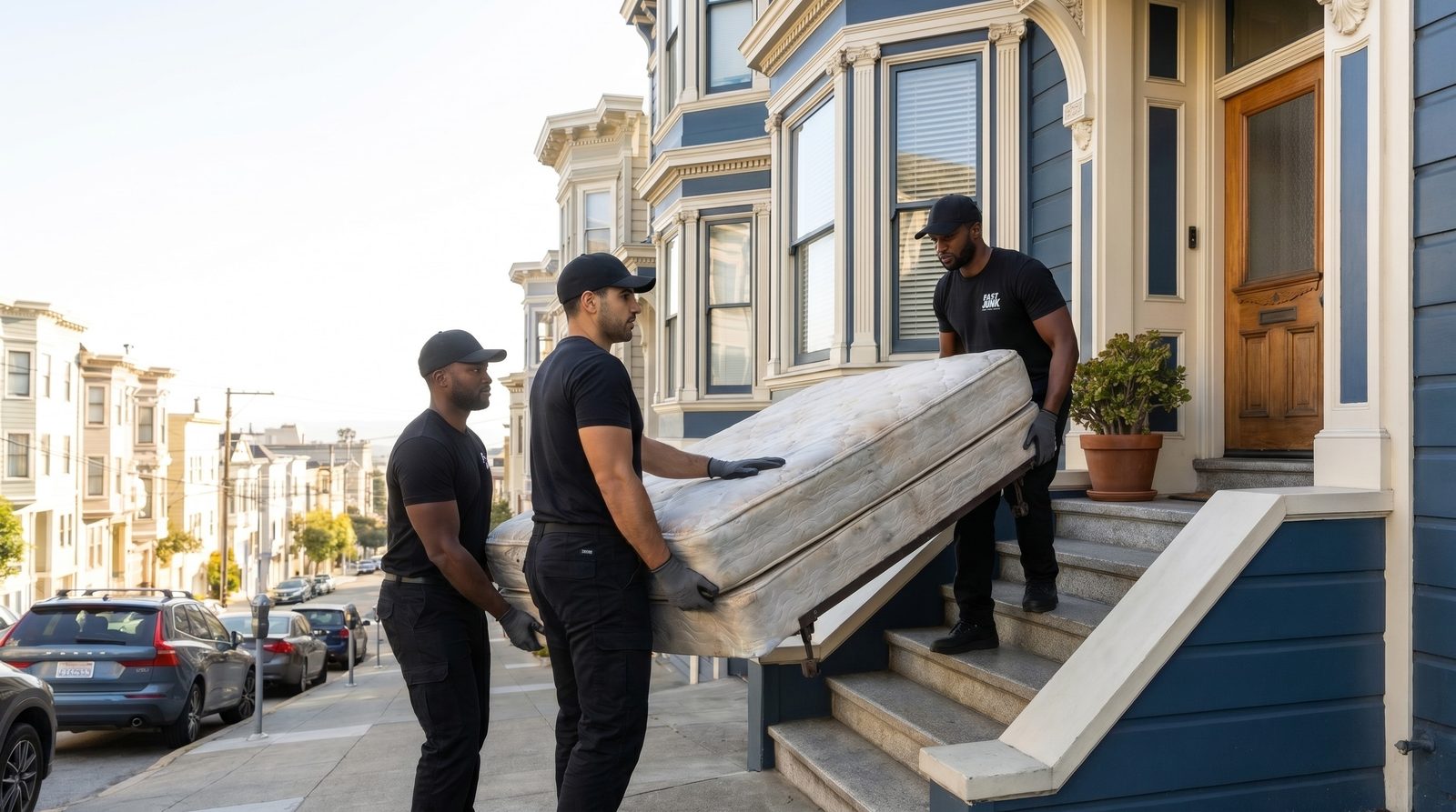 Fast Junk crew carrying a mattress out for removal