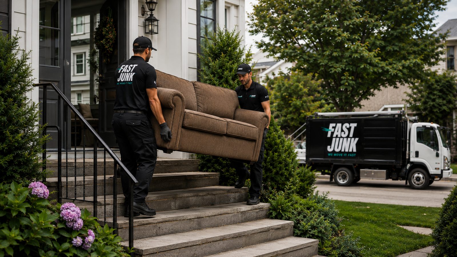 Fast Junk crew carrying a sofa out of a San Francisco home