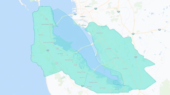 Map of Fast Junk Bay Area service area
