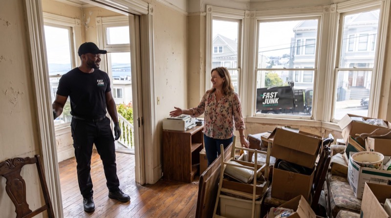 Fast Junk Removal crew hauling a bookshelf out of a home